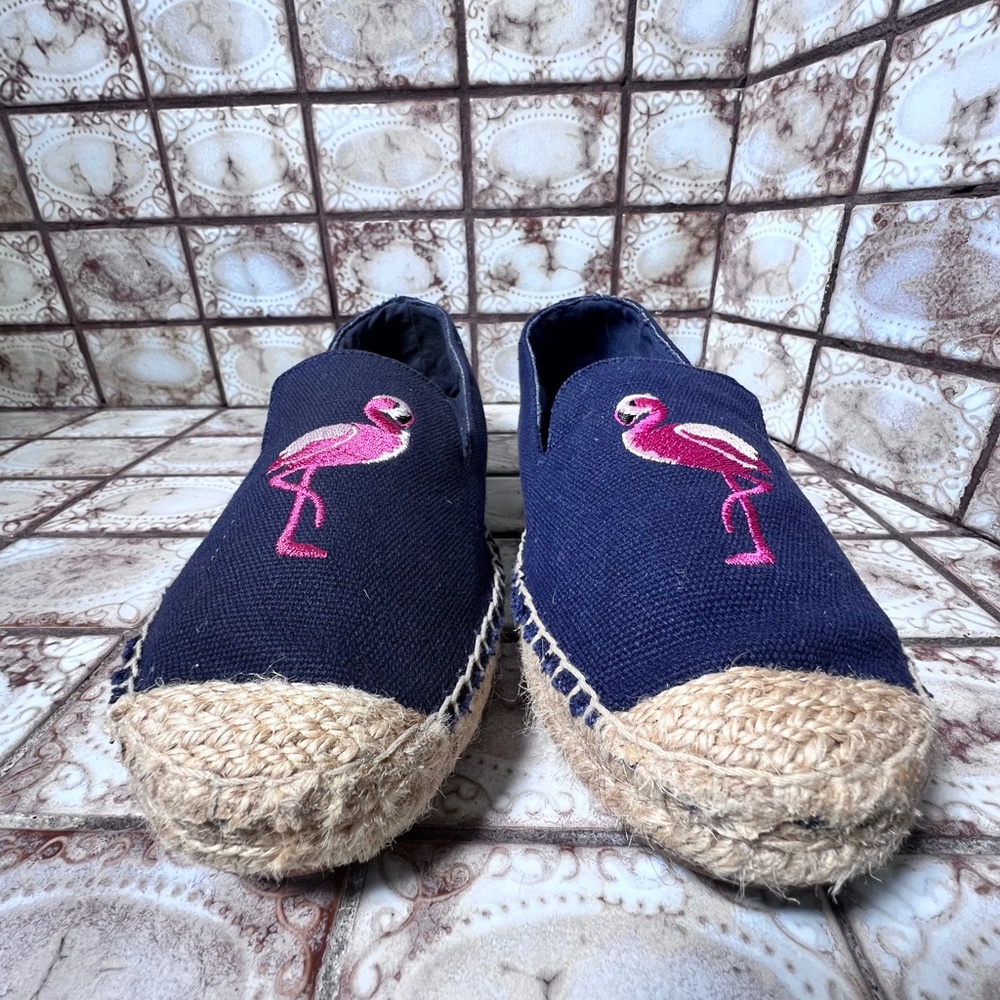 TALBOTS Women's Navy Canvas with Pink FLAMINGO Espadrilles Slip-On Sz 8M - Picture 4 of 7